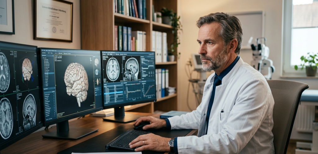 Das Bild zeigt einen Neurologen, der am Bildschirm Daten auswertet.