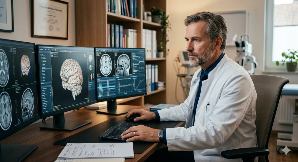 Ein Neurologe sitzt am PC und wertet Daten aus.