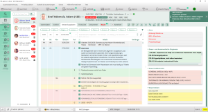 „Screenshot der Praxissoftware Apris: Reiter Behandlungsdaten mit Patientenakte, Anamnese, Diagnosen, Dauermedikation und Cave-Hinweisen."