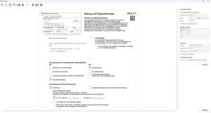 Screenshot des Druckdialogs in psychodat mit ausgefülltem Formular „Antrag auf Psychotherapie" (PTV 1).