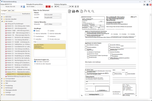 Screenshot der psychodat-Dokumentenverwaltung mit Formularbaum und ausgefülltem Formular PTV 11 zur individuellen Patienteninformation.