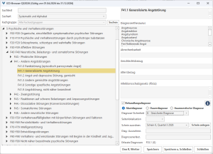 Screenshot des psychodat-ICD-Browsers mit ausgewählter Diagnose F41.1 Generalisierte Angststörung und Diagnosedetails.