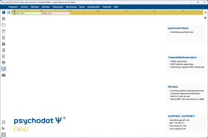 Screenshot des psychodat-neo-Startbildschirms mit News, Telematikinfrastruktur, Modulen und Support-Kontakt.