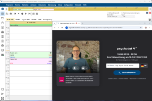 Screenshot von psychodat mit gestarteter Videositzung über MeetOne, DSGVO-konform und KBV-zertifiziert.