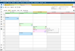 Screenshot der psychodat-Wochenansicht mit Terminkalender, Patiententerminen und Behandlerauswahl für eine Praxis.
